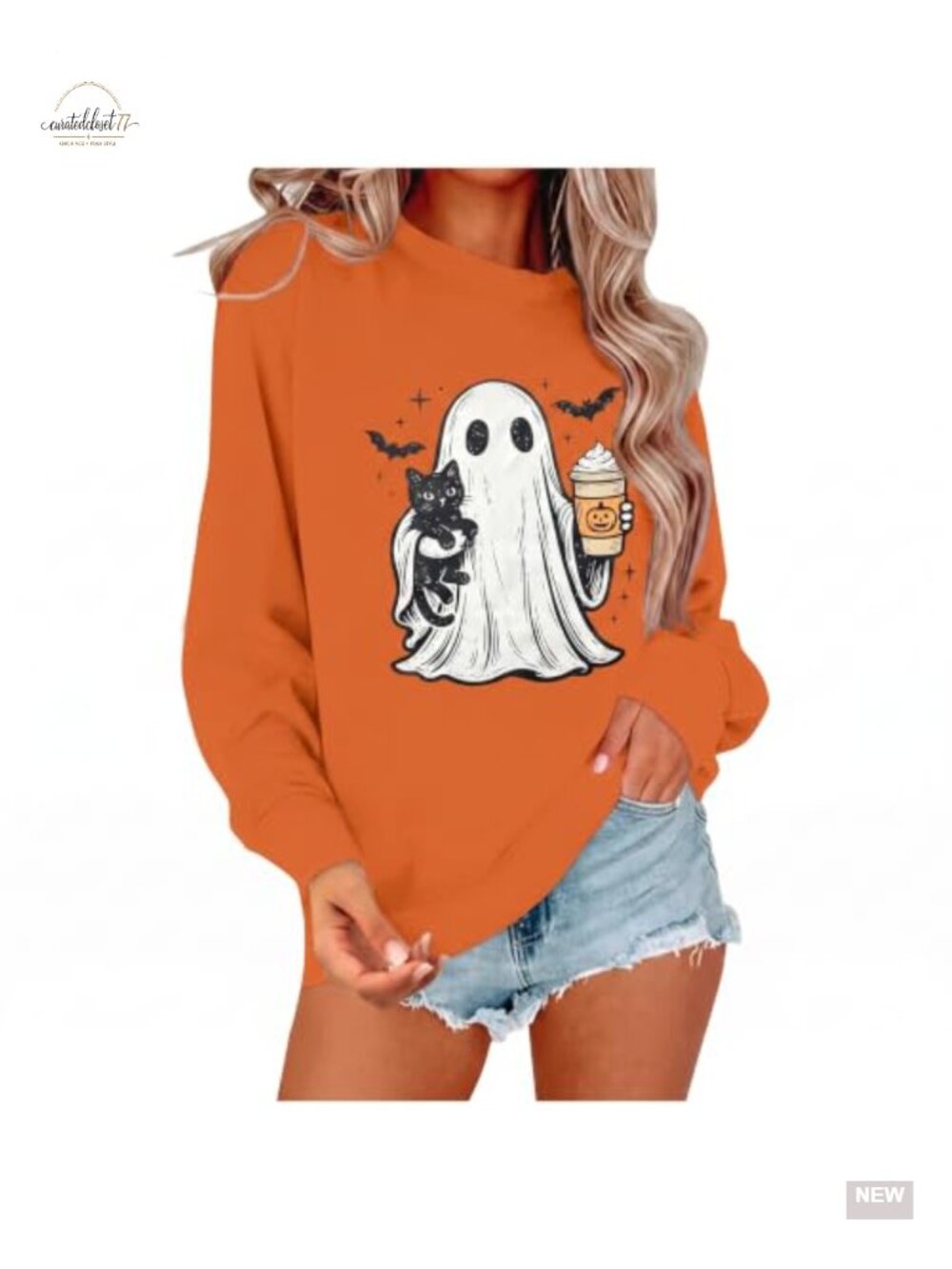 Women's Halloween Ghost Black Cat Crewneck Sweatshirt Pullover